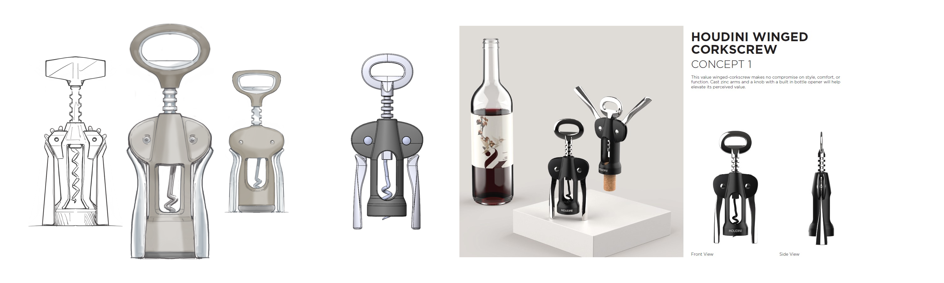 Winged corkscrew sketch, marker renderings, CAD development, and Houdini concept rendering arranged as a continuous sequence